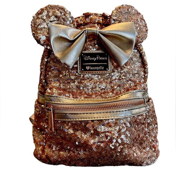 Loungefly rose gold sequin Minnie Mouse backpack Disney bling resort-wear - Picture 1 of 12